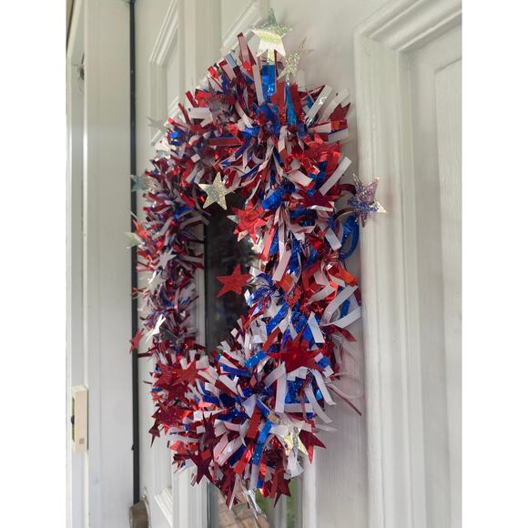 DIY Red White and Blue Patriotic Tinsel Garland Summer Wreath Base Frame Form - Picture 2 of 4